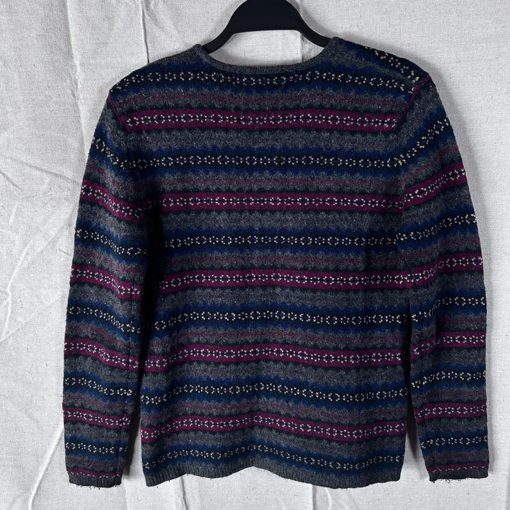 Lauren Ralph Lauren Lambswool‎ Angora Fair Isle Stripe Sweater Grey Burgundy M